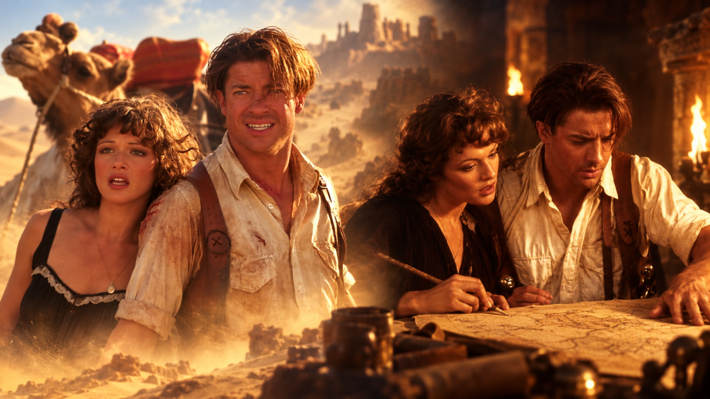 Visuel promotionnel du film de 1999 : quatre personnages penchés sur une carte, devant des ruines et un désert.