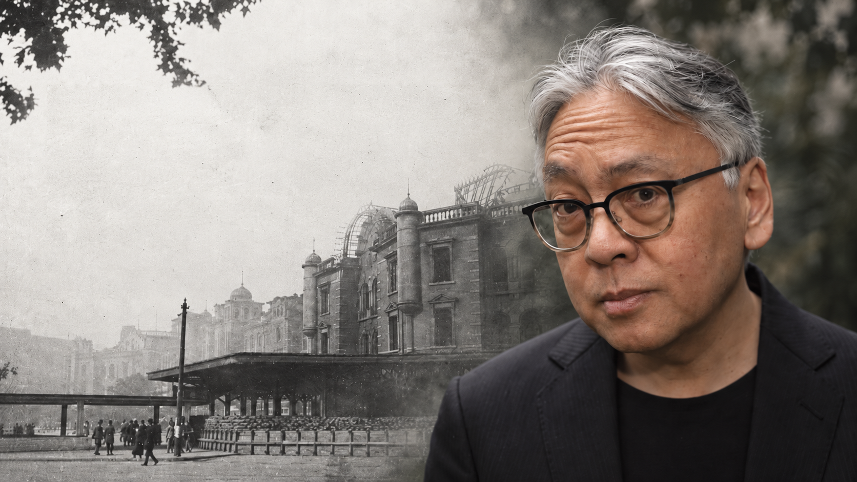 Portrait en noir et blanc de Kazuo Ishiguro, lunettes aux yeux, incrusté sur une vue ancienne de ville traversée par un tramway.