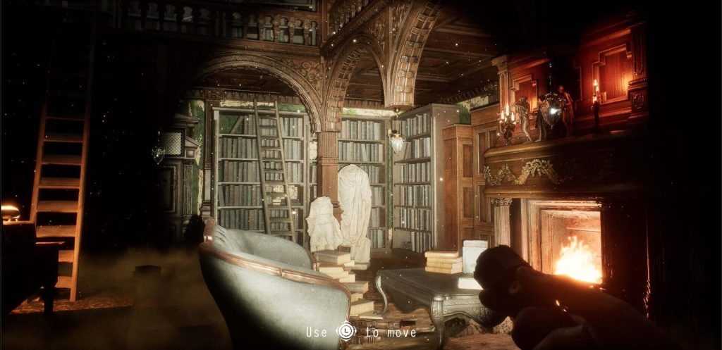 Une grande bibliothèque en bois éclairée par une cheminée, avec une baignoire au premier plan et une main qui s'avance dans l'ombre.