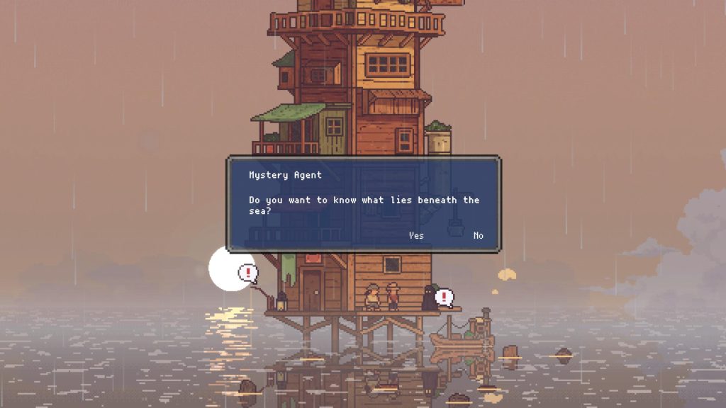 Sous la pluie, une boîte de dialogue demande au joueur s'il veut savoir ce qui se cache au fond de la mer.