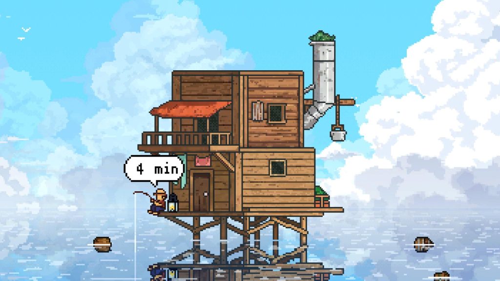 Une petite cabane sur pilotis au-dessus d'une mer calme, où un personnage pêche sous un ciel bleu.