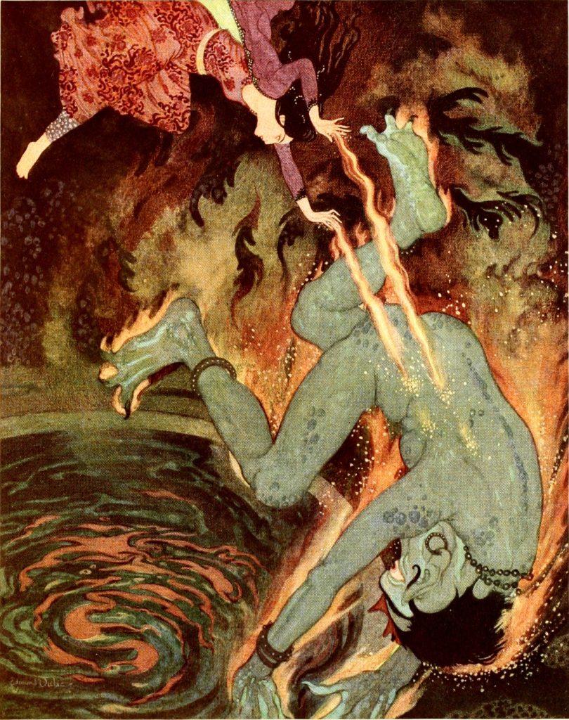 Illustration ancienne : un génie vert jaillit des flammes au-dessus d'un tourbillon d'eau, face à un visage renversé.
