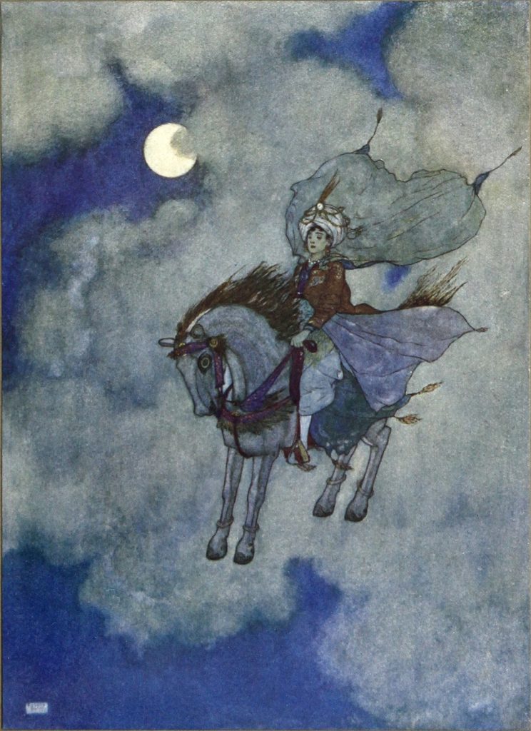 Illustration ancienne : un cavalier sur un cheval volant traverse un ciel nuageux sous un croissant de lune.