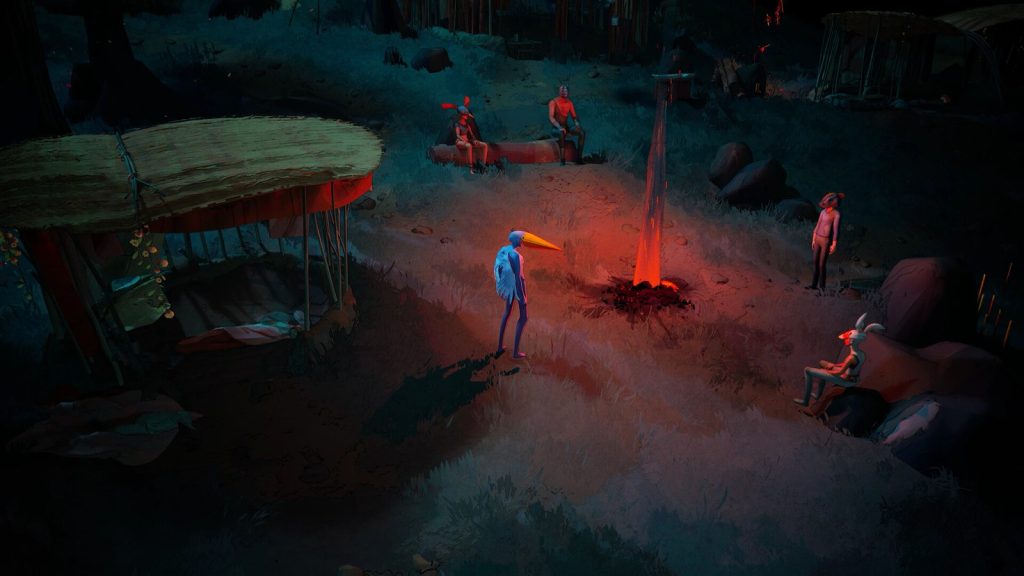 Le héros au long masque jaune en forme de bec se tient près d'un feu rouge, dans un campement nocturne où d'autres silhouettes masquées sont assises sur des troncs.