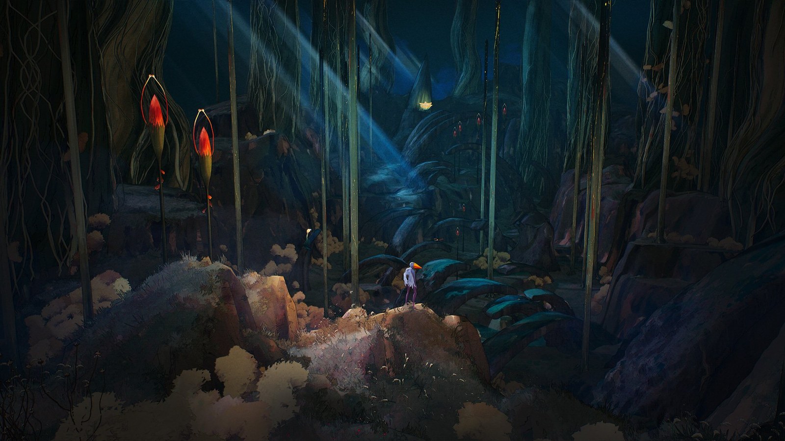 Un petit personnage au masque à long bec se tient sur un rocher, dans une forêt sombre traversée de rayons de lumière, entre deux plantes rouges en forme de lanternes.