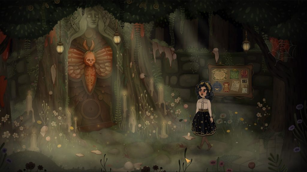 Nora, petite fille en robe sombre, face à une immense phalène sculptée au cœur d’une forêt, dans Allogloom.