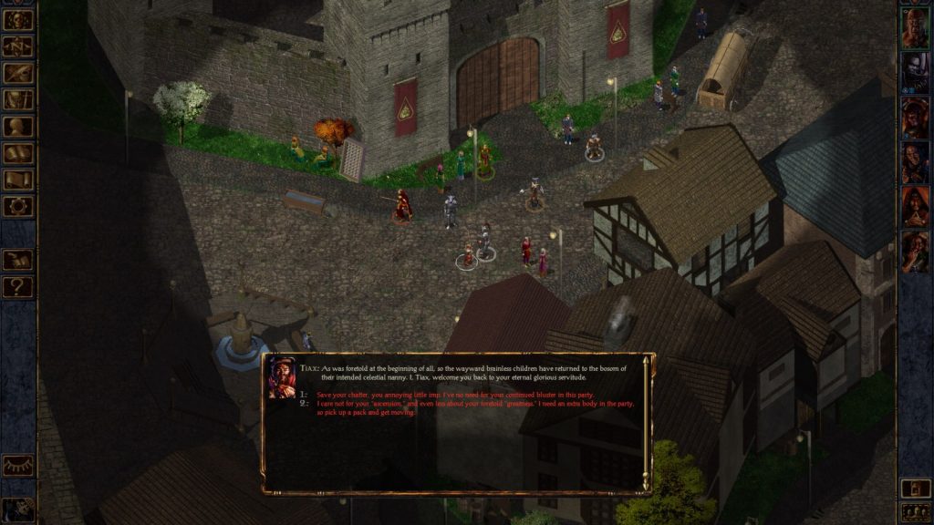 Vue de haut d'une place pavée devant une porte fortifiée, où un groupe d'aventuriers fait face à un personnage ; une fenêtre de dialogue propose deux réponses en rouge.