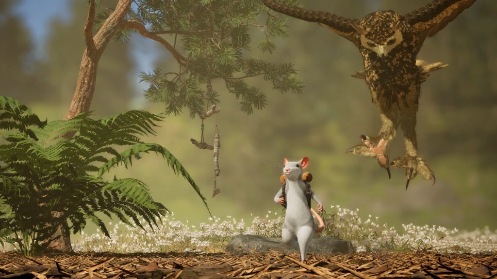 Une souris blanche dans les fougères, sous un hibou qui fond sur elle, dans Hela: of Mice & Magic.