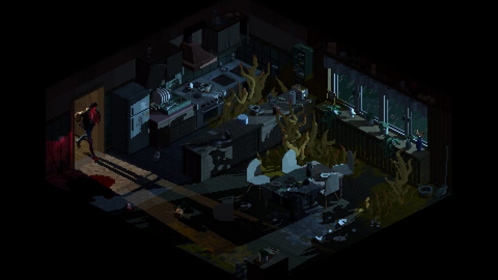 Une pièce en pixel art vue en isométrique, plongée dans l’ombre et éclairée par quelques lampes, dans Holstin.