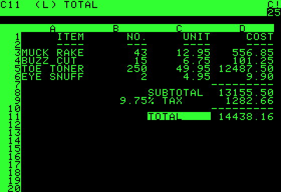 Capture d’un écran d’ordinateur en vert sur fond noir : un tableau de facture avec des colonnes d’articles, de quantités et de prix, et une ligne de total.