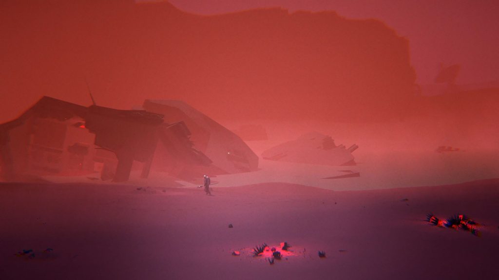 Un personnage minuscule près d’une épave de vaisseau, dans une tempête magenta, avec une végétation rouge luminescente au premier plan.