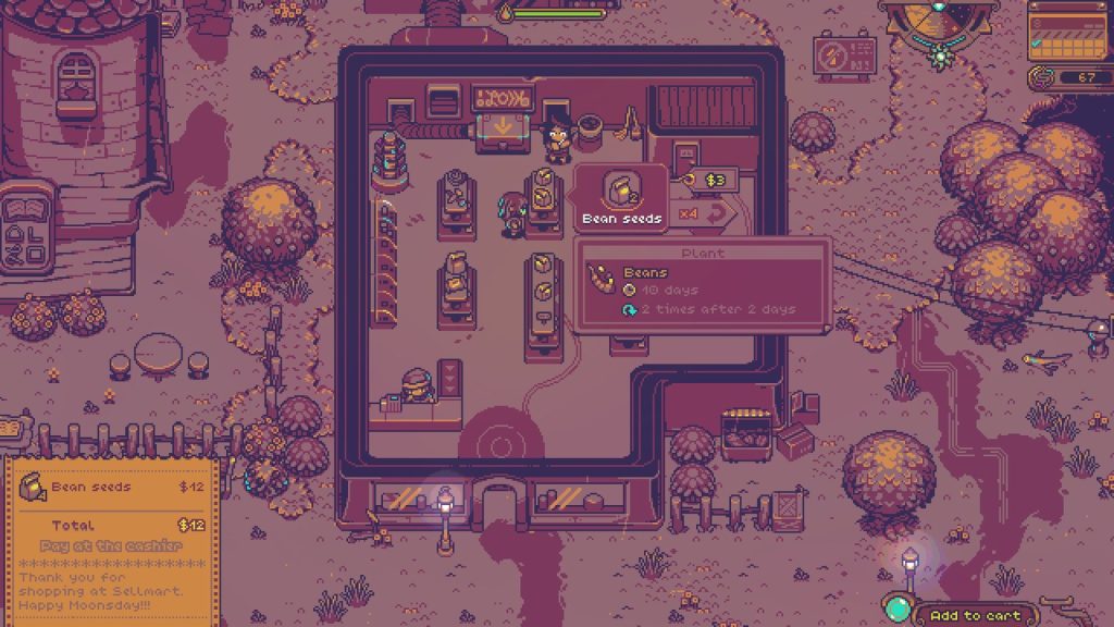 Une ferme en pixel art aux teintes roses, avec des arbres et un potager, dans Neverway.