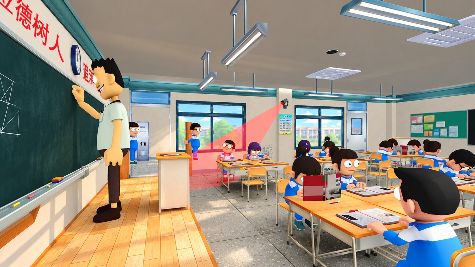 Une salle de classe en dessin animé 3D : un professeur écrit au tableau pendant qu'une caméra de surveillance balaie de rouge les rangs d'élèves en uniforme bleu et blanc.