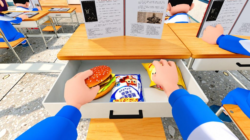 Vue à la première personne d'un élève qui cache un hamburger, un paquet de nouilles et des chips dans le tiroir de son pupitre, derrière un manuel ouvert.
