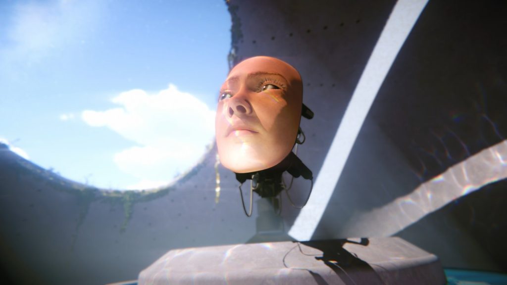 Un visage humain monté sur un bras mécanique, sous un ciel lumineux, dans Prove You’re Human.
