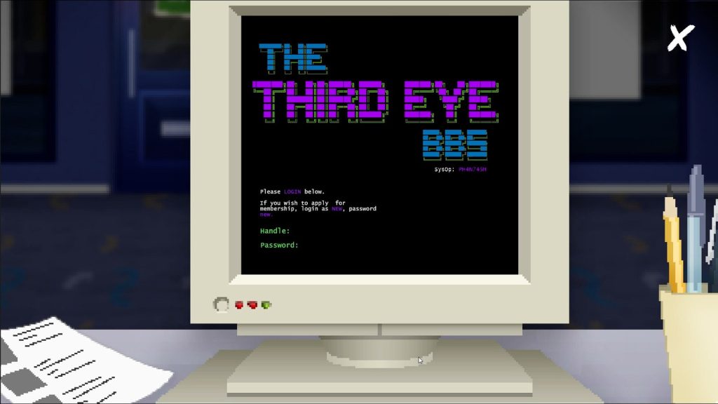 Un vieil ordinateur affiche l’écran d’accueil du Third Eye BBS, dans Super Chillers: The Chat Room.