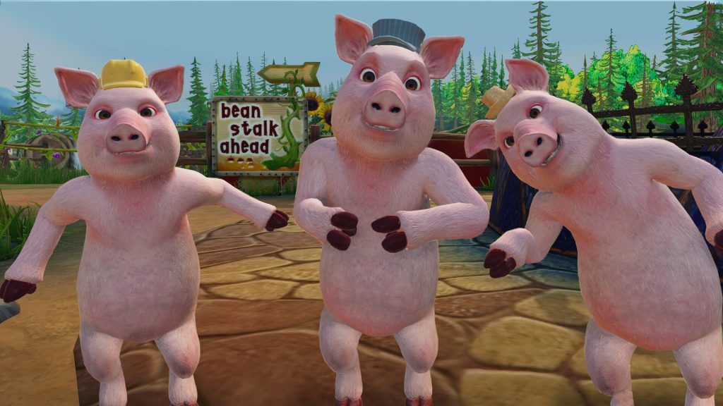 Les trois petits cochons, debout côte à côte devant un panneau de bois.