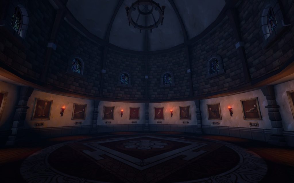 Une salle ronde du château, aux murs ornés de tableaux et de torches, dans We Were Here.