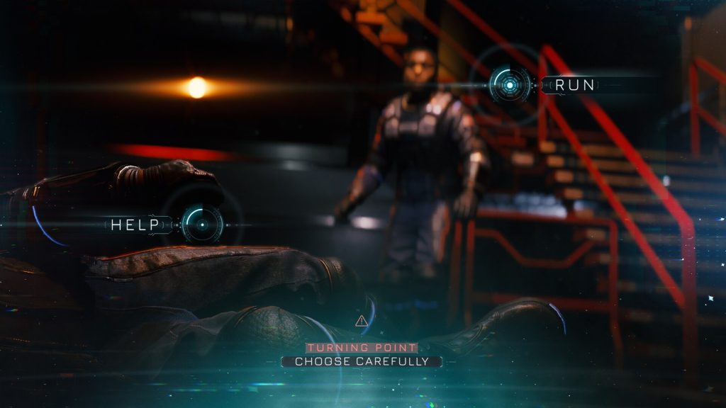 Un écran de choix intitulé « TURNING POINT, CHOOSE CAREFULLY », avec les options RUN et HELP de part et d'autre d'un personnage immobile.
