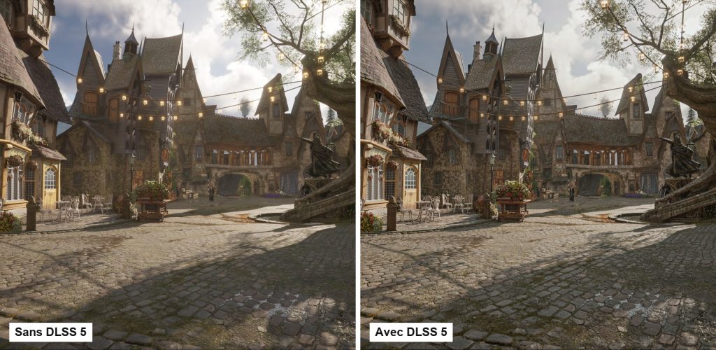 Deux captures côte à côte d’une place pavée de Hogwarts Legacy, avec un arbre tordu et des guirlandes lumineuses. Sans DLSS 5, la lumière est dorée. Avec DLSS 5, elle est plus neutre et les pavés plus gris.