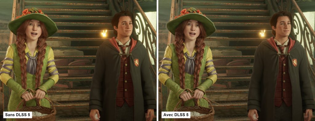 Deux captures côte à côte de Hogwarts Legacy : une élève rousse au chapeau vert fleuri et un élève de Gryffondor au pied d’un escalier en fer forgé, sans puis avec DLSS 5. Leurs visages sont identiques.