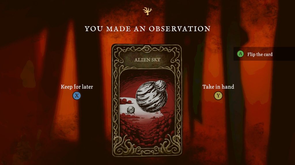 Un écran de jeu annonçant « YOU MADE AN OBSERVATION » au-dessus d'une carte illustrée nommée Alien Sky, avec deux choix proposés.
