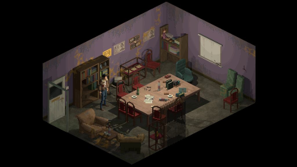 Un appartement aux murs violets, vu de dessus, avec sa table à manger, ses chaises rouges et son vaisselier.