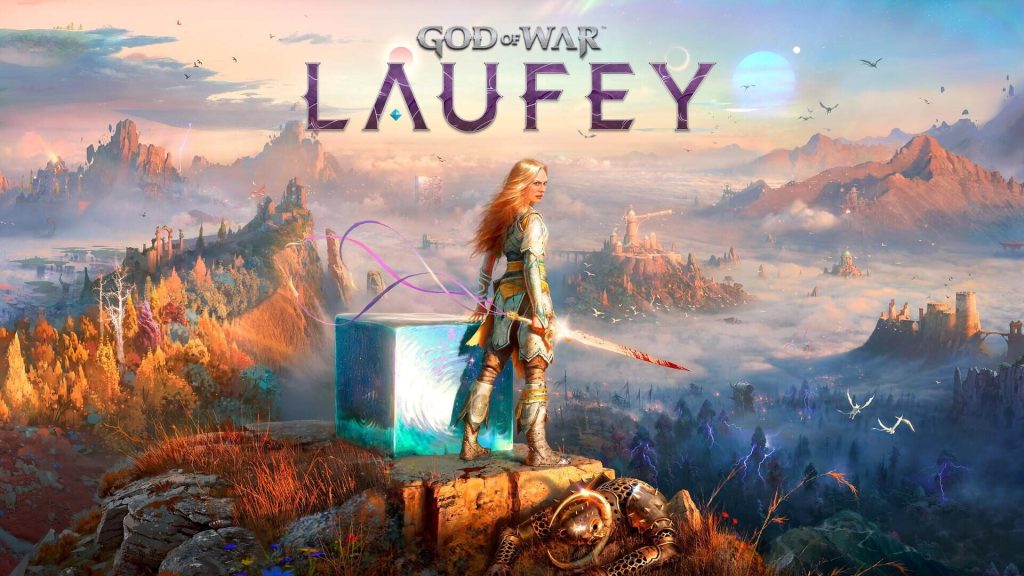 Affiche du jeu : une femme rousse en armure se tient sur un rocher, l'épée au côté, devant une chaîne de montagnes.