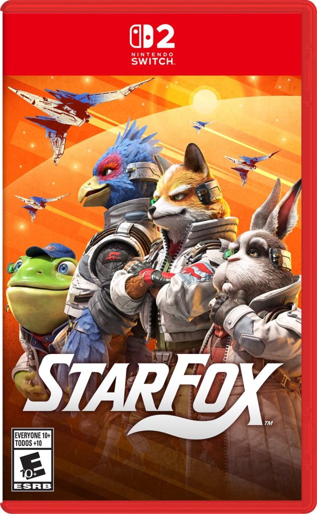 La jaquette d'un jeu Nintendo Switch 2 dans son boîtier rouge, avec Fox, Falco, Peppy et Slippy devant un ciel orange.