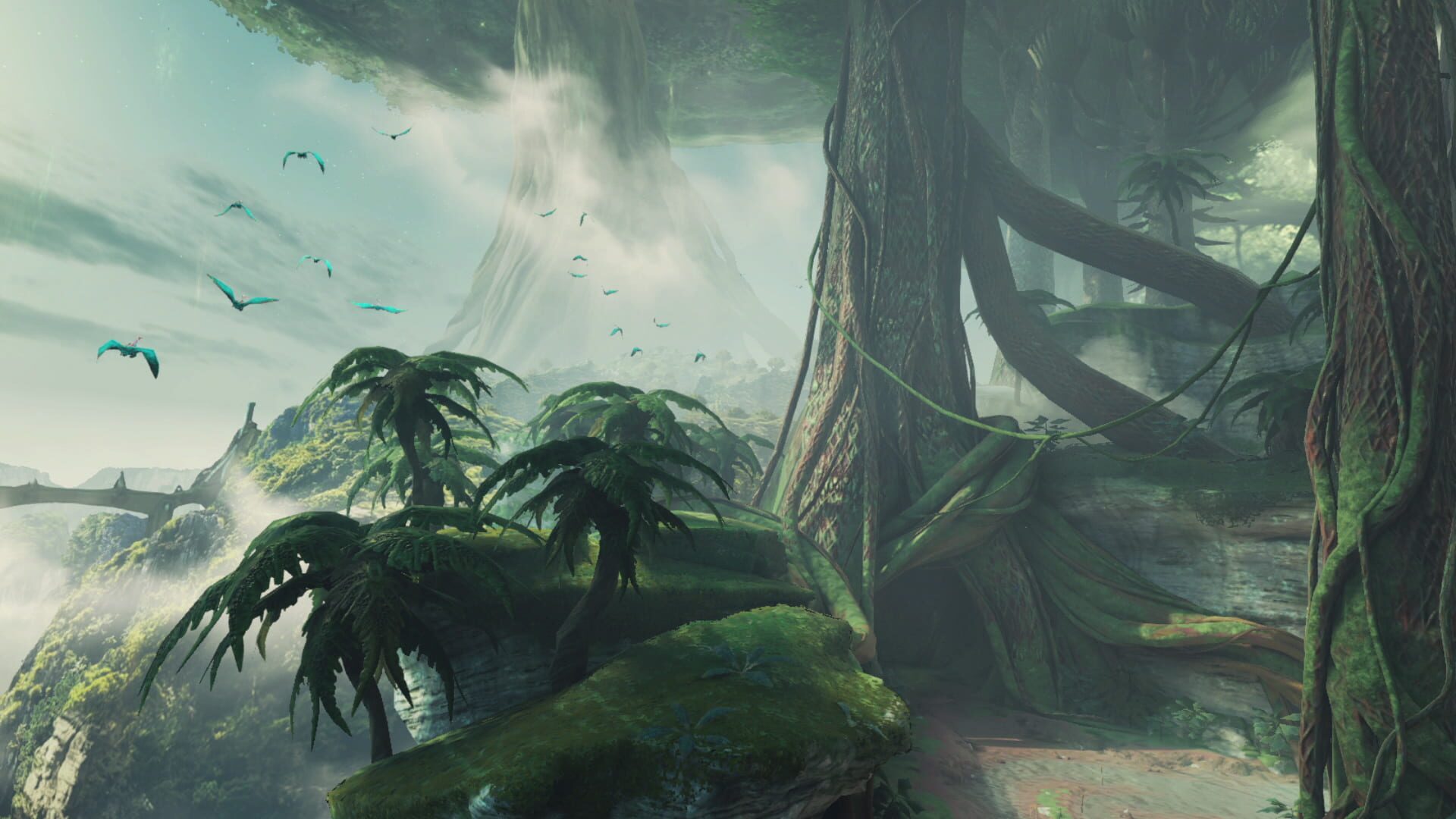 Une jungle dense aux arbres immenses, traversée d'oiseaux, sous une lumière verte diffuse.