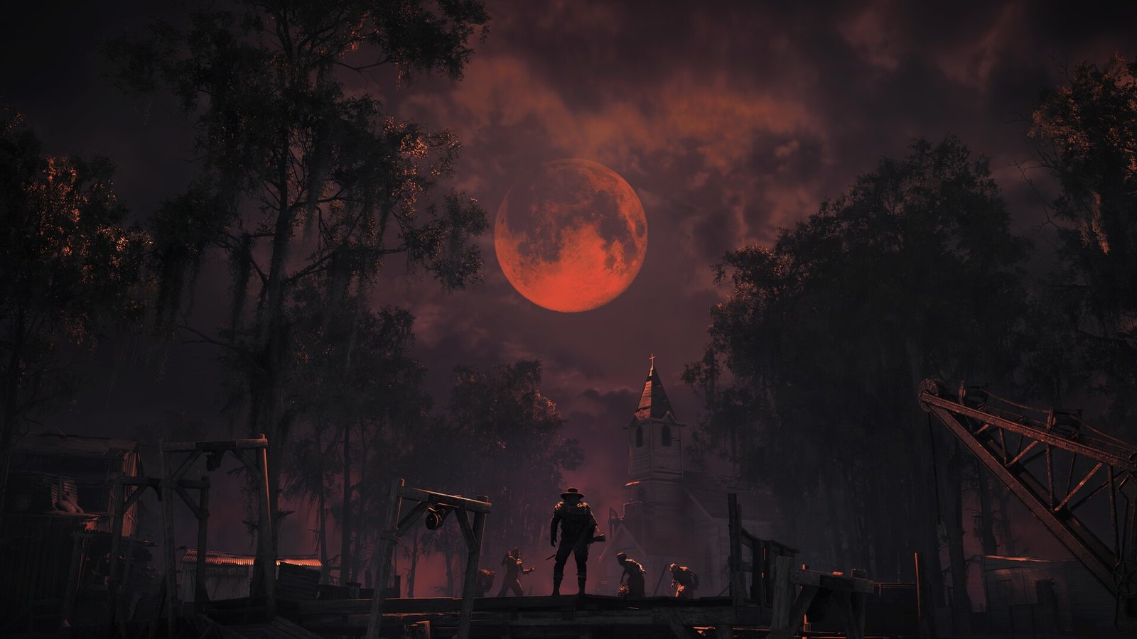 Un marais au crépuscule sous une immense lune rouge, des arbres morts et des charpentes de bois, avec au premier plan la silhouette d'un chasseur portant une lanterne.
