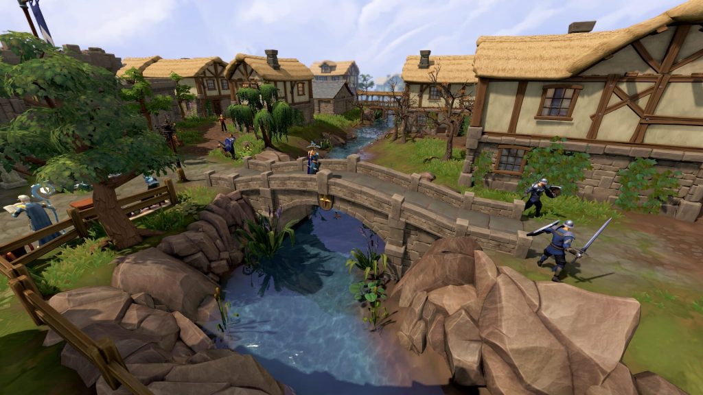Un village aux toits de chaume traversé par un ruisseau et un pont de pierre, où circulent des joueurs armés.
