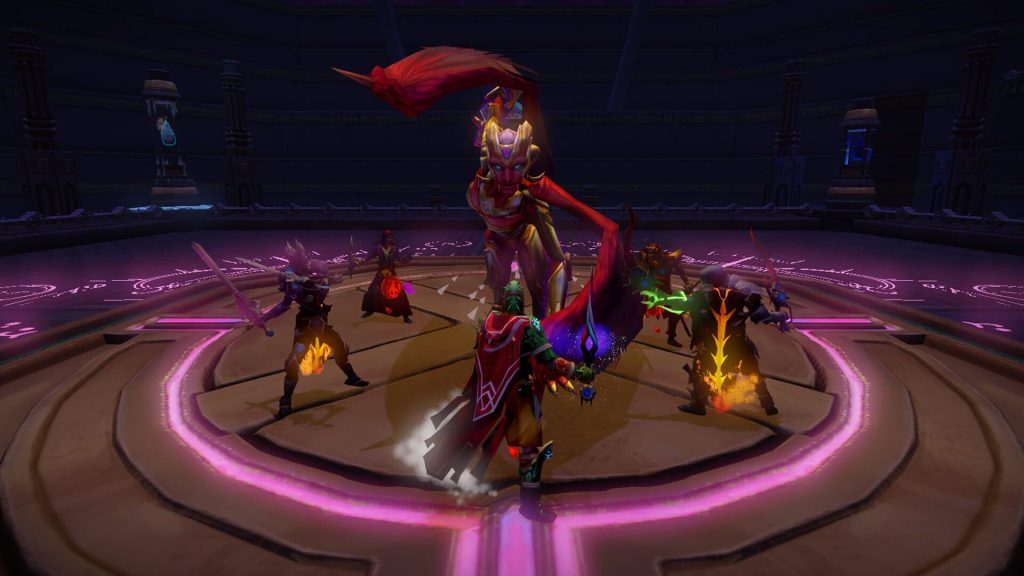 Dans une arène circulaire éclairée de magenta, une silhouette en robe rouge fait face à un groupe de joueurs.