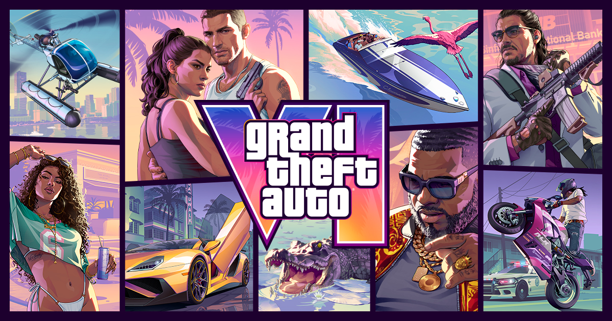 Illustration de Grand Theft Auto VI : le logo au centre, entouré de vignettes avec un couple, un hélicoptère, un jet-ski, une voiture de sport, un alligator et une moto.