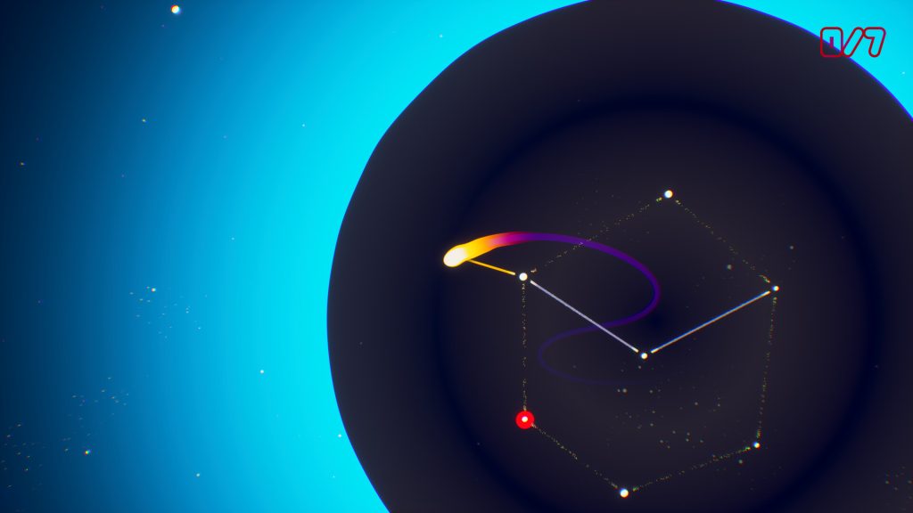 Une étoile filante orange trace une courbe dans un ciel noir et relie des points lumineux par des traits blancs, sur un fond bleu vif.