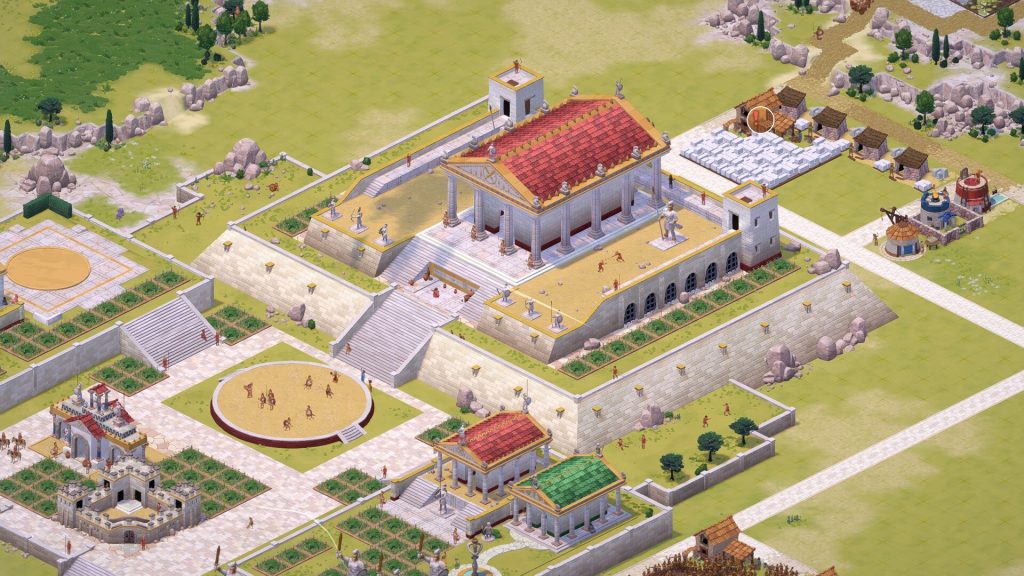 Vue en perspective d'une cité grecque : un grand temple au toit rouge sur une terrasse de pierre, une arène circulaire, des jardins et des maisons.