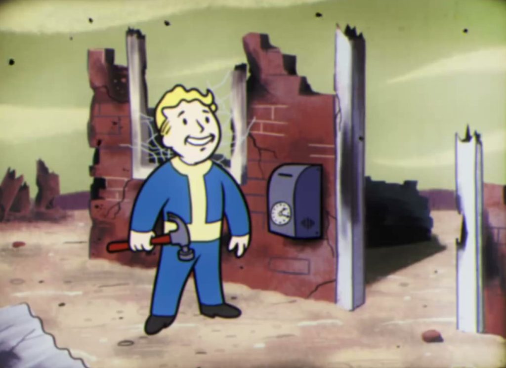 Vault Boy tient un marteau à côté d’un mur de briques effondré, dans un dessin animé aux couleurs passées.