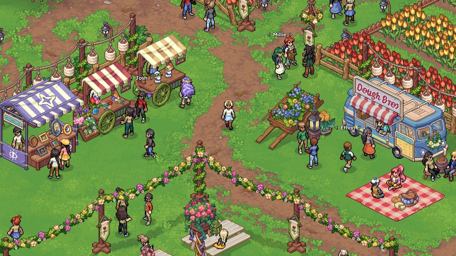 Le marché en plein air de Portmousse dans Witchbrook, en pixel art vu de haut : des étals à rayures, un food truck bleu, une nappe de pique-nique à carreaux rouges, des guirlandes de fleurs et des champs de tulipes.