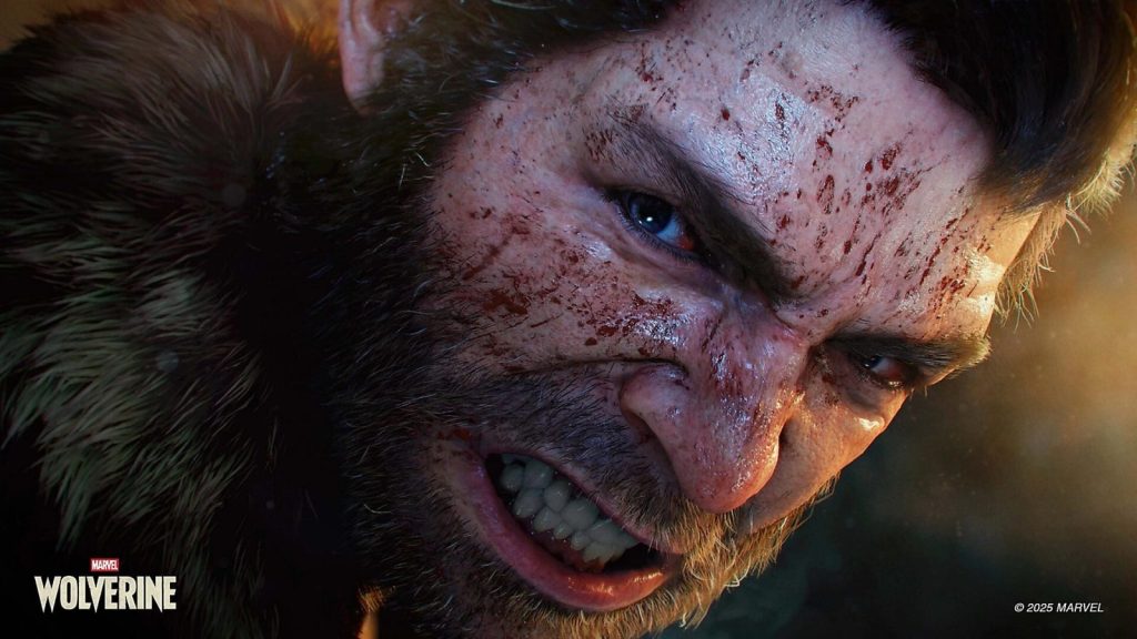 Gros plan sur le visage ensanglanté de Wolverine, les dents serrées, le col de fourrure relevé.